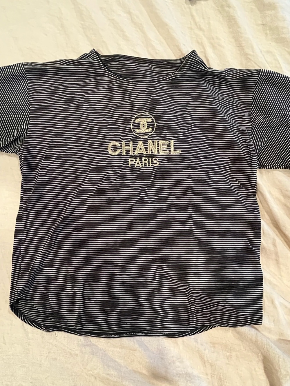 Vintage Mini-Striped Lounge Tee with Gold Embroidered Logo.